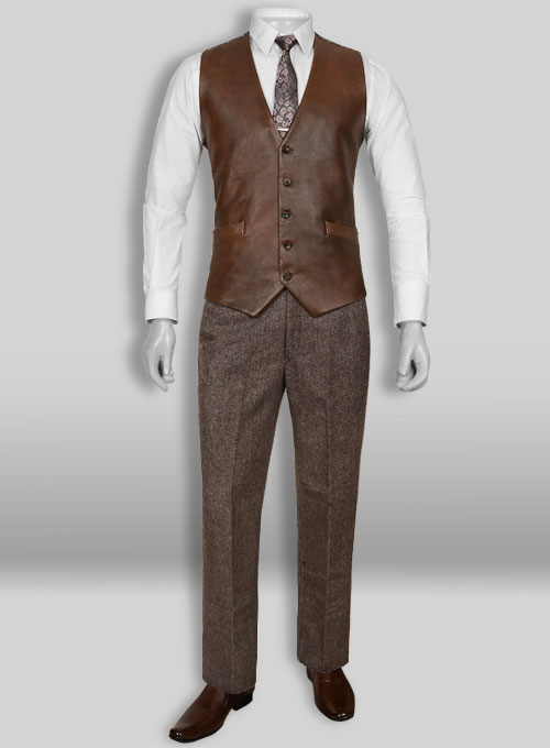 Vintage Dark Brown Herringbone Tweed Suit - Leather Trims - Click Image to Close