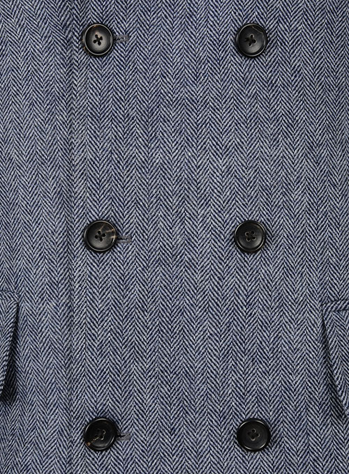 Vintage Herringbone Blue Tweed GQ Trench Coat - Click Image to Close