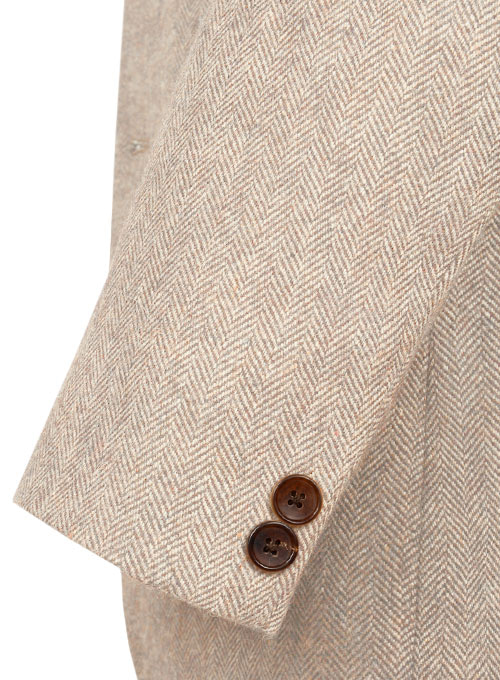 Vintage Herringbone Light Beige Tweed Jacket - Leather Trims - Click Image to Close