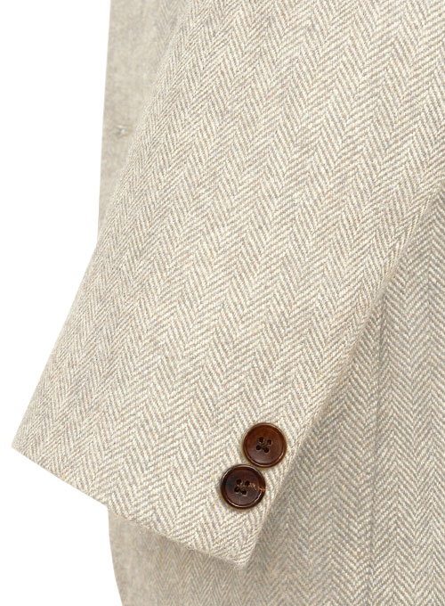 Vintage Herringbone Light Beige Tweed Jacket - Leather Trims - Click Image to Close