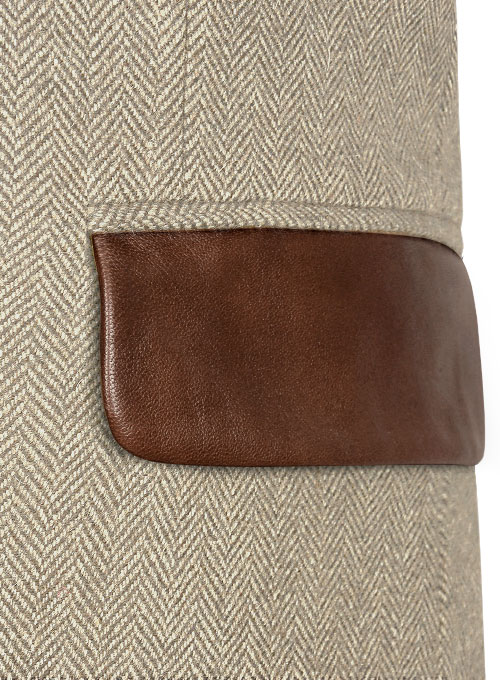 Vintage Herringbone Light Beige Tweed Suit - Leather Trims - Click Image to Close