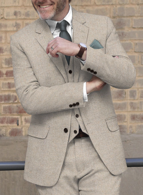 Vintage Herringbone Light Beige Tweed Suit - Click Image to Close