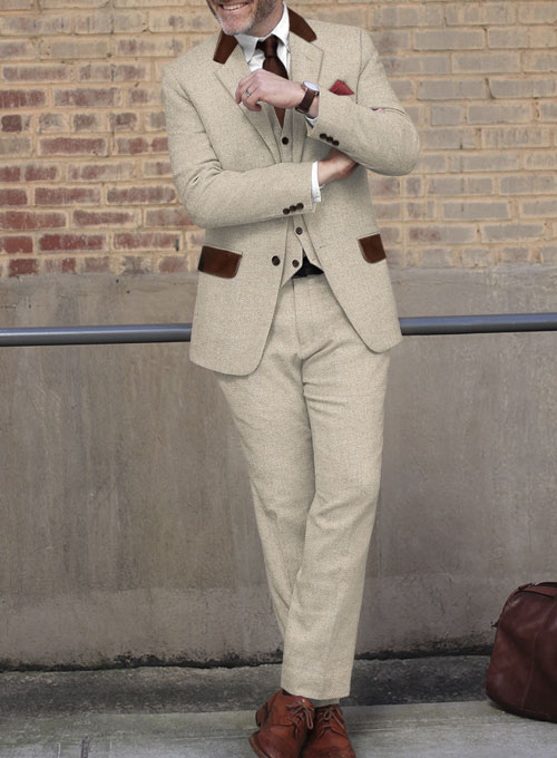 Vintage Herringbone Light Beige Tweed Suit - Leather Trims