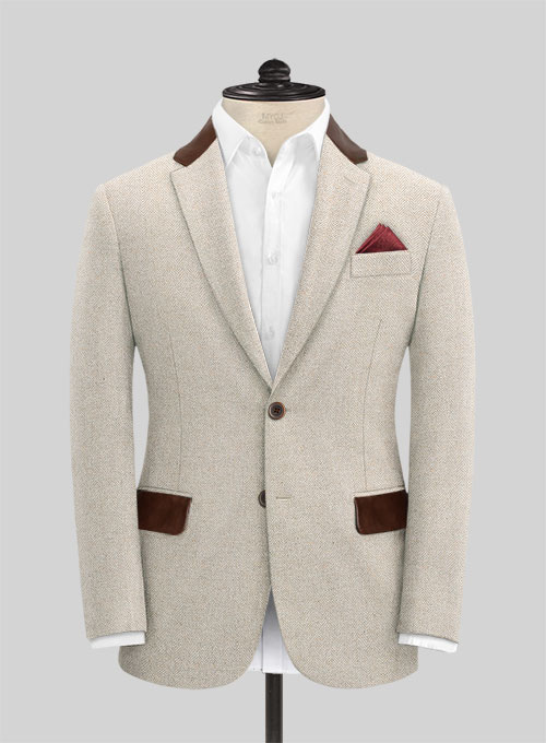 Vintage Herringbone Light Beige Tweed Suit - Leather Trims