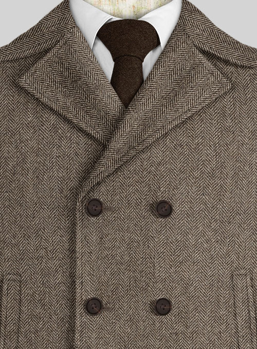 Vintage Dark Brown Herringbone Tweed Pea Coat