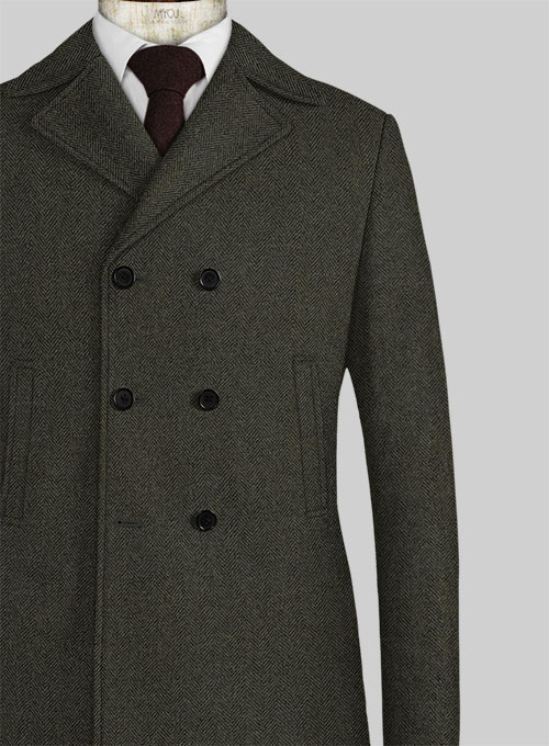 Vintage Flat Green Herringbone Tweed Pea Coat - Click Image to Close