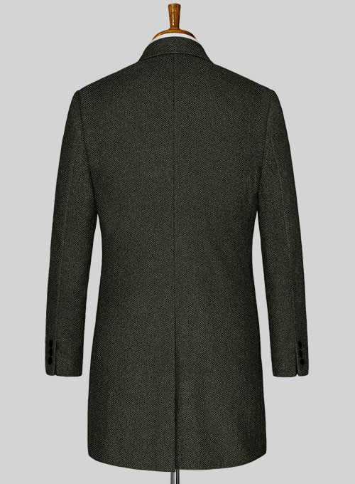Vintage Flat Green Herringbone Tweed Overcoat