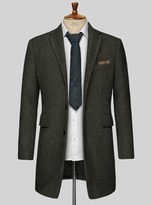 Vintage Flat Green Herringbone Tweed Overcoat