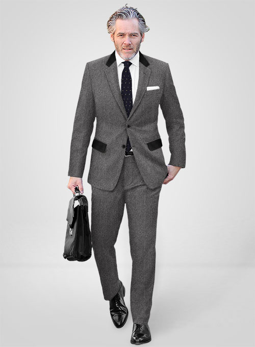 Vintage Herringbone Gray Tweed Suit - Leather Trims