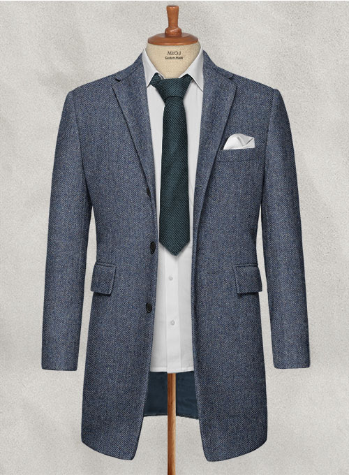 Vintage Herringbone Blue Tweed Overcoat - Click Image to Close