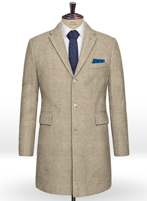 Vintage Herringbone Light Beige Tweed Overcoat