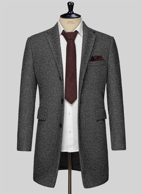 Vintage Plain Dark Gray Tweed Overcoat - Click Image to Close