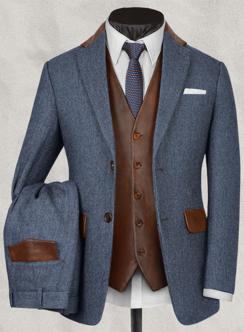 Vintage Herringbone Blue Tweed Suit - Leather Trims - Click Image to Close