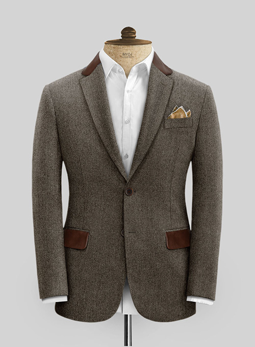 Vintage Dark Brown Herringbone Tweed Suit - Leather Trims