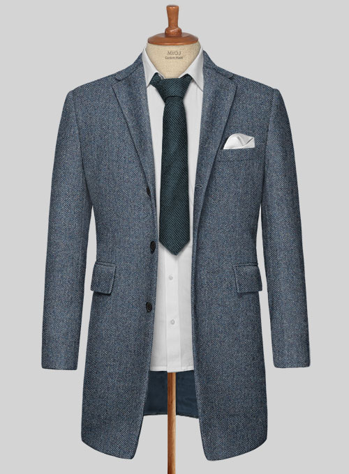 Vintage Herringbone Blue Tweed Overcoat
