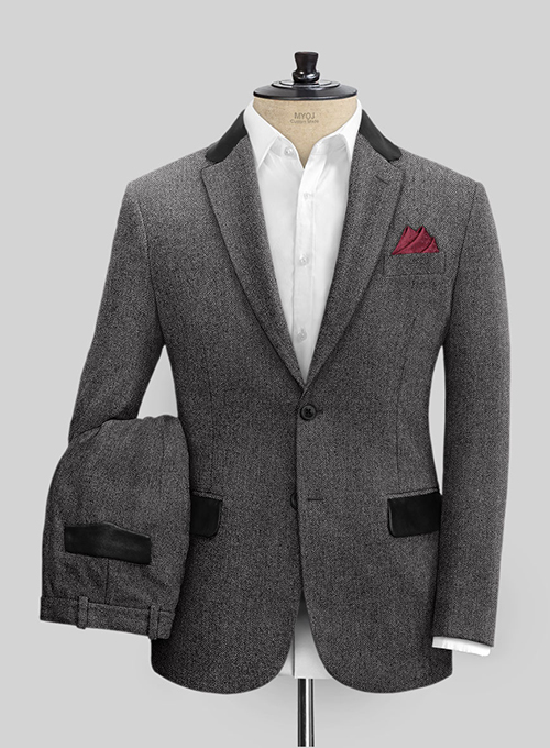 Vintage Herringbone Gray Tweed Suit - Leather Trims