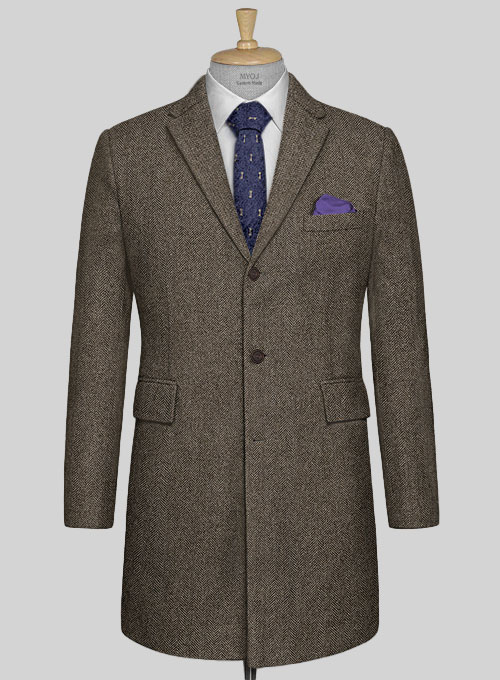 Vintage Dark Brown Herringbone Tweed Overcoat
