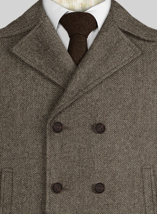 Vintage Dark Brown Herringbone Tweed Pea Coat
