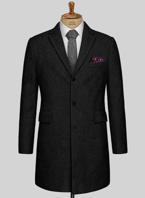 Vintage Plain Black Tweed Overcoat