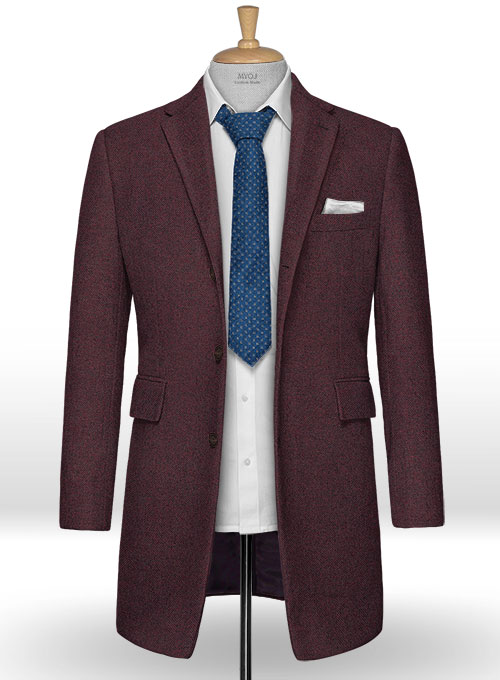 Wine Herringbone Tweed Overcoat - Click Image to Close