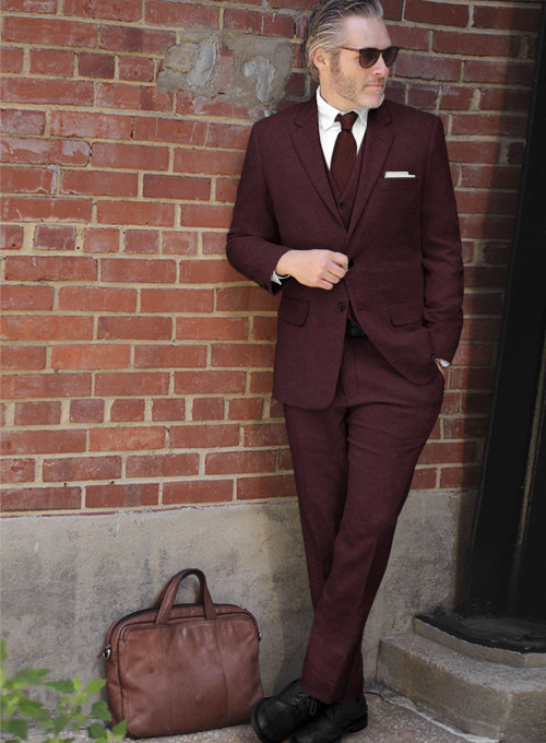 Wine Herringbone Tweed Suit - Click Image to Close