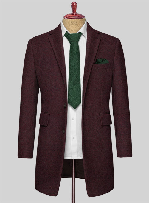 Wine Herringbone Tweed Overcoat