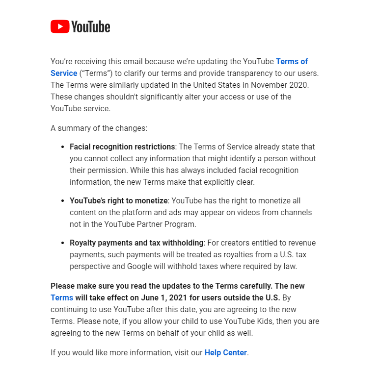 youtube terms of services may 2021