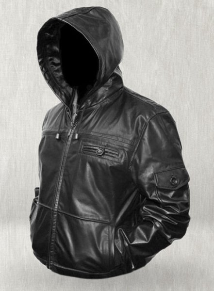 Mens leather jacket with leather clearance hood