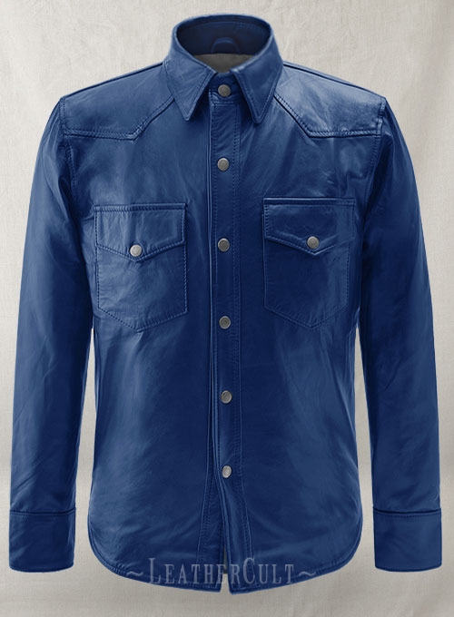 Rich Blue Leather Shirt Jacket - #1S - Click Image to Close