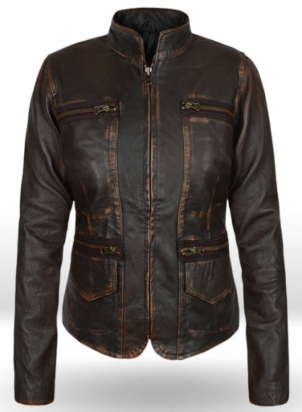 Rubbed Dark Brown Washed Alicia 88 Minutes Leather Jacket
