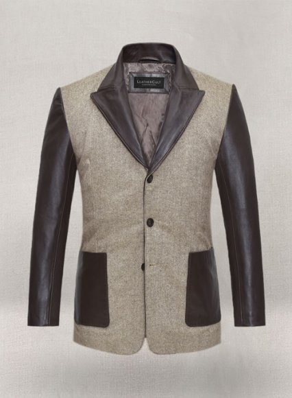 Vintage Herringbone Brown Tweed Leather Combo Blazer # 652