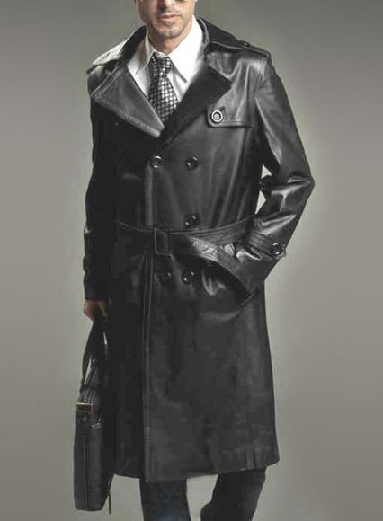 Mens leather trench coat full length on sale