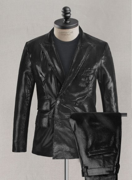 Snake Embossed Double Breasted Leather Suit