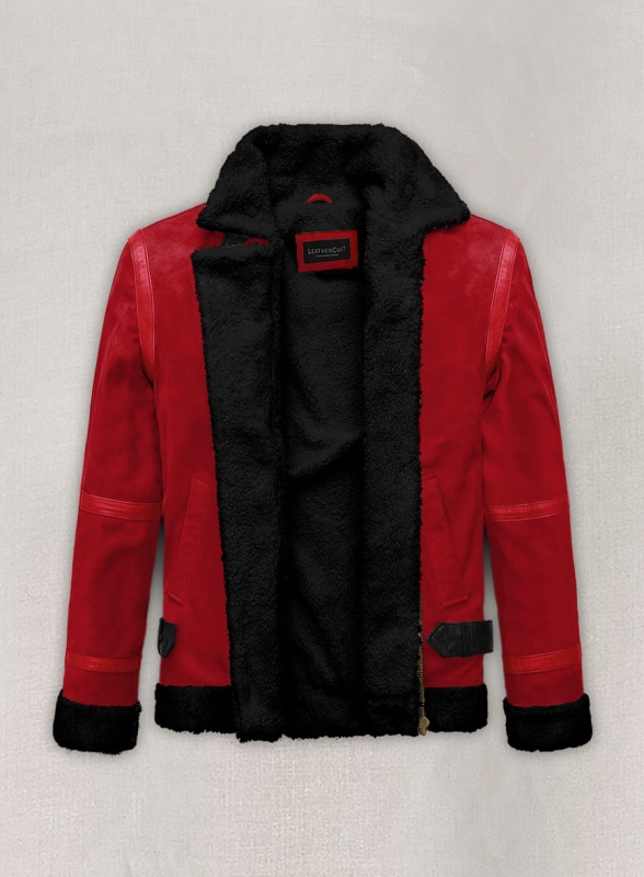 (image for) Lava Red Suede Ryan Reynolds Black Sherpa Leather Jacket - Click Image to Close