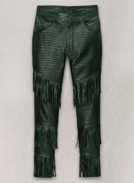 (image for) Croc Metallic Green Tiered Fringes Leather Pants