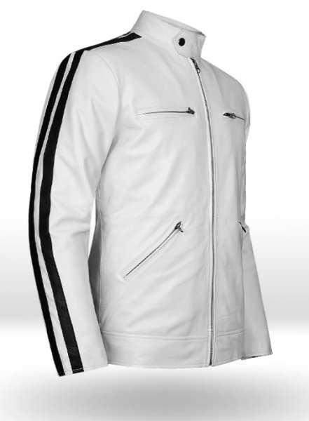 Leather jacket with hot sale white stripes