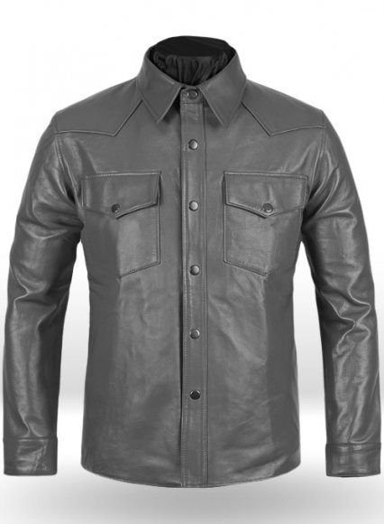 Gray Leather Shirt Jacket - #1S