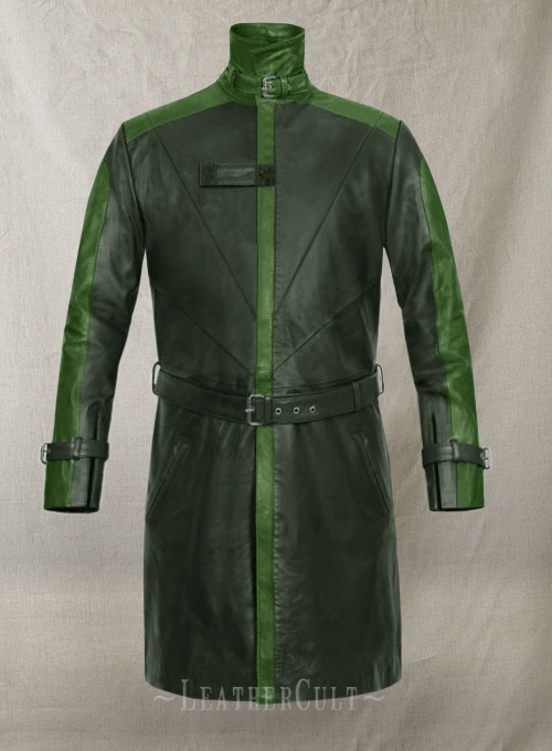 Vintage Green Aiden Pearce Watch Dog Leather Trench Coat - Click Image to Close