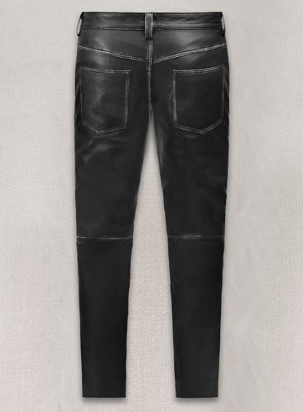 Rubbed Black Leather Jeans Style