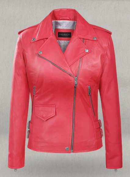 Soft Raspberry Red Hilary Duff Leather Jacket #3