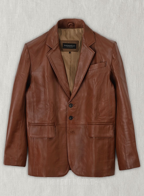 Tan Brown Leather Blazer - 46 Long - Click Image to Close