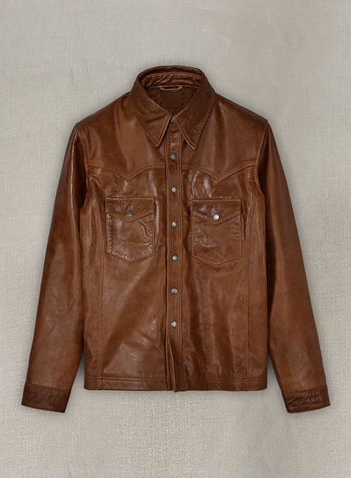 (image for) Cognac V Tab Leather Shirt Jacket - Click Image to Close