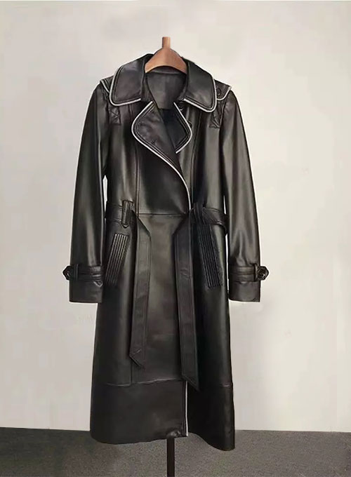 (image for) Contrast Edge Leather Long Coat - Click Image to Close