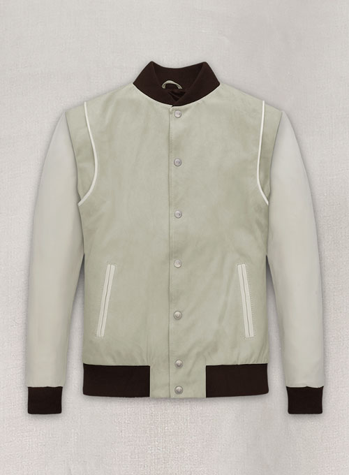 Cream Beige Suede Varsity Noir Leather Jacket