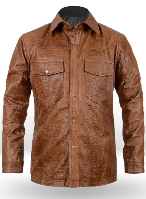 (image for) Crocodile Brown V Tab Leather Shirt Jacket