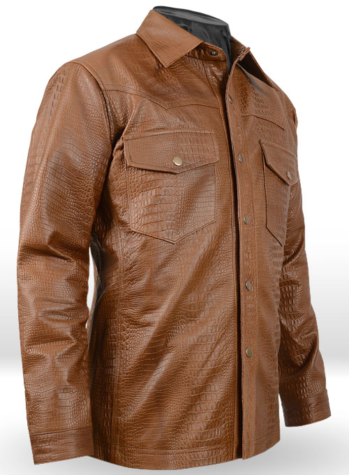 (image for) Crocodile Brown V Tab Leather Shirt Jacket - Click Image to Close