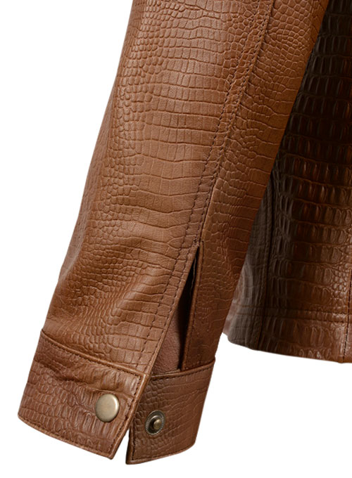 (image for) Crocodile Brown V Tab Leather Shirt Jacket - Click Image to Close