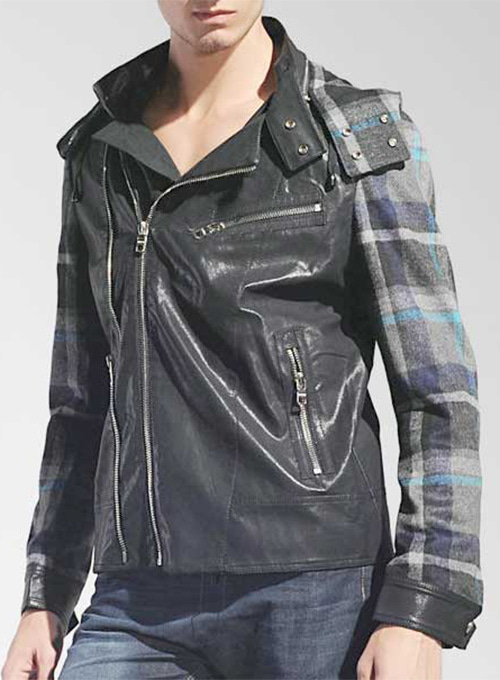 Mens Hooded Leather Denim Jacket