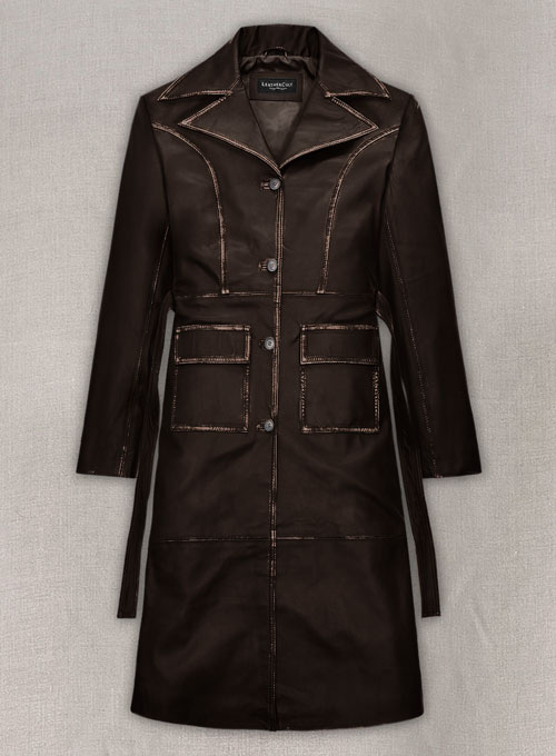 (image for) Rubbed Dark Brown Alpine Leather Long Coat - Click Image to Close