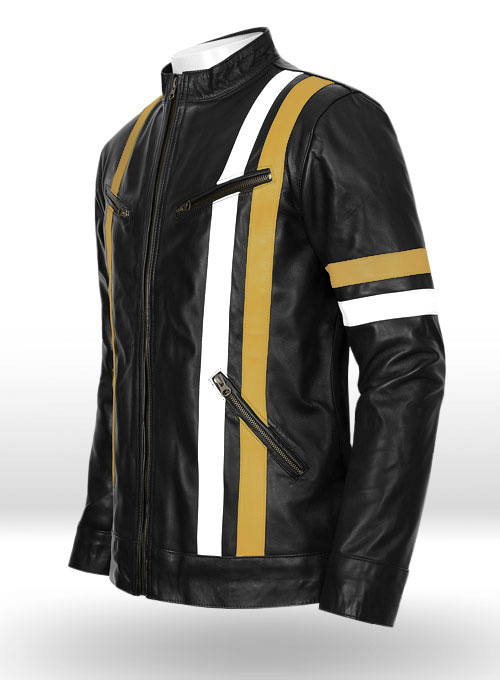 Men's Black Biker Leather Jacket With Yellow Stripes